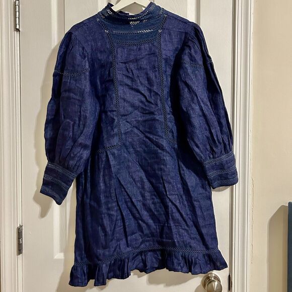 Mes Demoiselles Linen Dress Indigo Dark Blue Mini Long Sleeve Womens 38 8